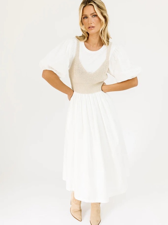 Sofie The Label Dresses & Skirts - White Puff-Sleeve Midi Dress with Beige Knit Bodice